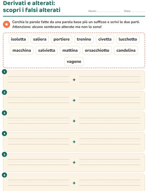 Anteprima della scheda di Nomi alterati e derivati per Scuola primaria classe seconda