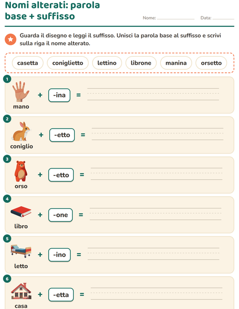 Anteprima della scheda di Nomi alterati e derivati per Scuola primaria classe seconda