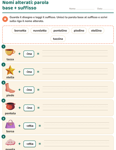 Anteprima della scheda di Nomi alterati e derivati per Scuola primaria classe seconda