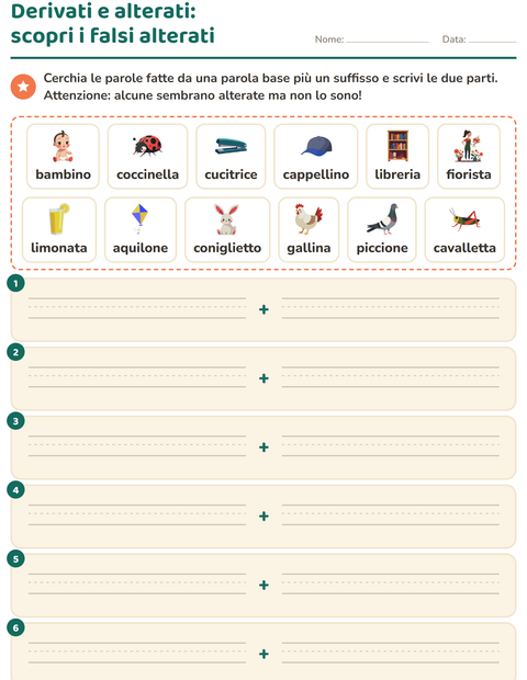 Anteprima della scheda di Nomi alterati e derivati per Scuola primaria classe seconda