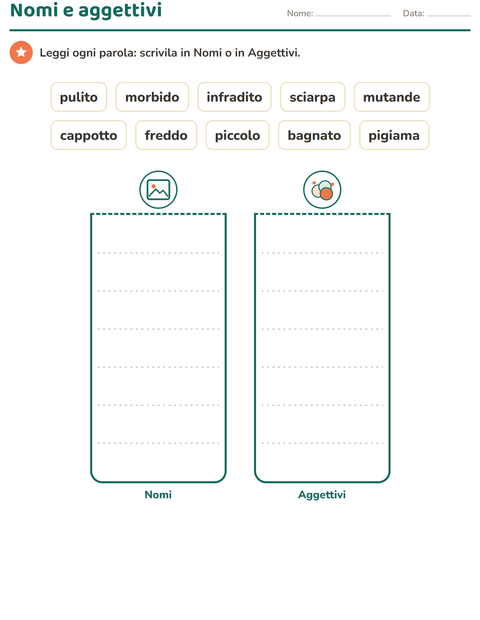 Anteprima della scheda di Nomi, verbi e aggettivi con Abbigliamento per Scuola primaria classe prima