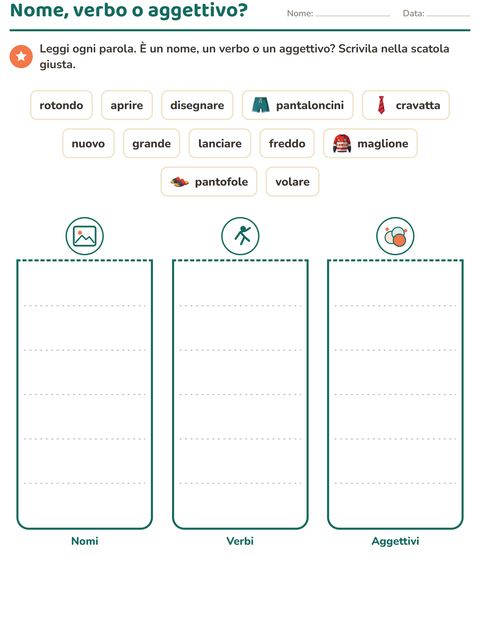 Anteprima della scheda di Nomi, verbi e aggettivi con Abbigliamento per Scuola primaria classe seconda