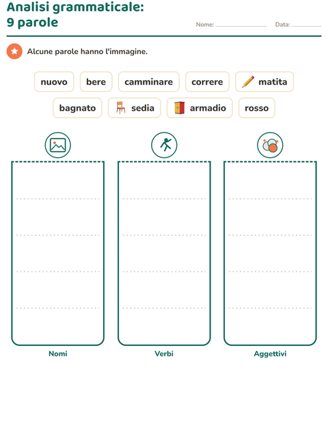 Anteprima della scheda di Nomi, verbi e aggettivi con Aula per Scuola primaria classe seconda