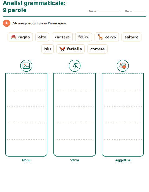 Anteprima della scheda di Nomi, verbi e aggettivi con Creature della foresta per Scuola primaria classe seconda