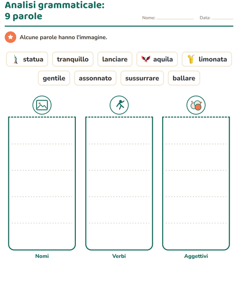 Anteprima della scheda di Nomi, verbi e aggettivi con 4 luglio per Scuola primaria classe seconda