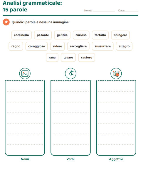Anteprima della scheda di Nomi, verbi e aggettivi con Creature della foresta per Scuola primaria classe seconda