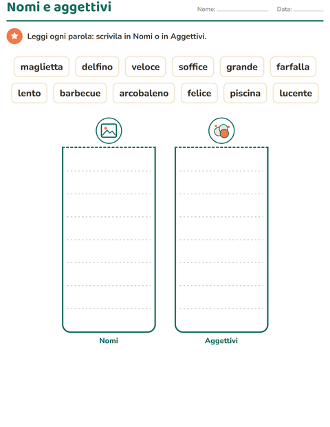 Anteprima della scheda di Nomi, verbi e aggettivi con Estate per Scuola primaria classe prima