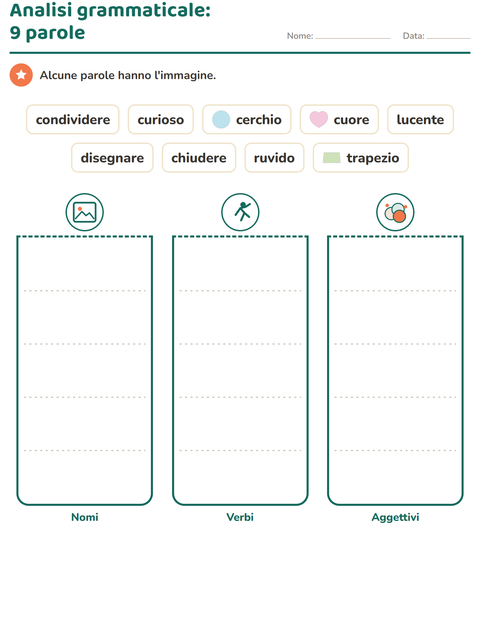 Anteprima della scheda di Nomi, verbi e aggettivi con Forme per Scuola primaria classe seconda