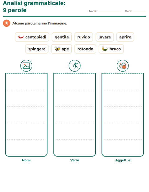 Anteprima della scheda di Nomi, verbi e aggettivi con Insetti e scarafaggi per Scuola primaria classe seconda