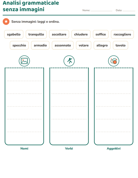 Anteprima della scheda di Nomi, verbi e aggettivi con Mobili per Scuola primaria classe seconda