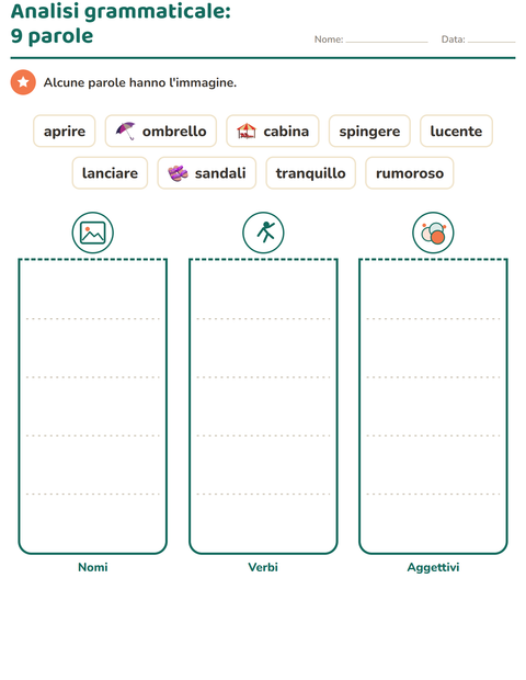 Anteprima della scheda di Nomi, verbi e aggettivi con Spiaggia per Scuola primaria classe seconda