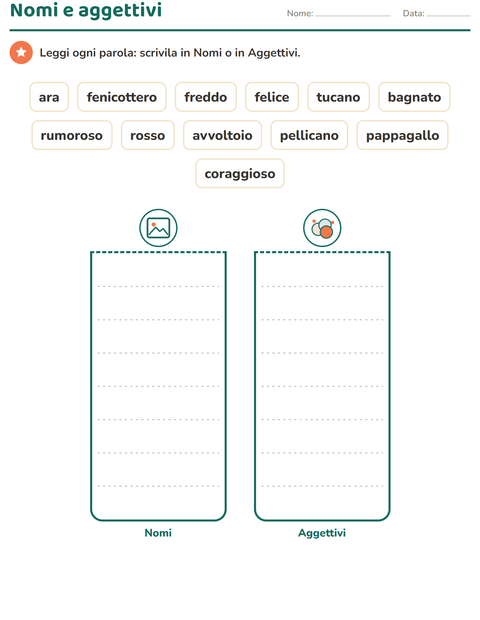 Anteprima della scheda di Nomi, verbi e aggettivi con Uccelli per Scuola primaria classe prima