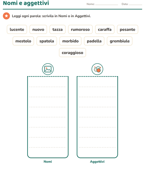 Anteprima della scheda di Nomi, verbi e aggettivi con Utensili da cucina per Scuola primaria classe prima