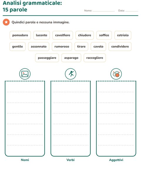 Anteprima della scheda di Nomi, verbi e aggettivi con Verdure per Scuola primaria classe seconda