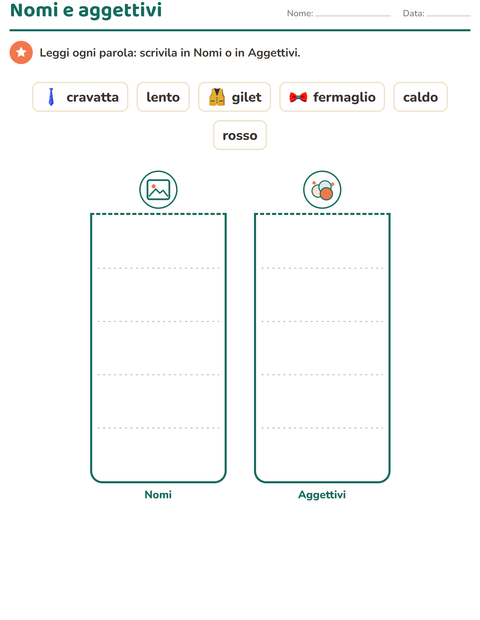 Anteprima della scheda di Nomi, verbi e aggettivi con Accessori per Scuola primaria classe prima