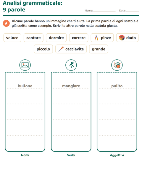 Anteprima della scheda di Nomi, verbi e aggettivi con Attrezzi per Scuola primaria classe seconda