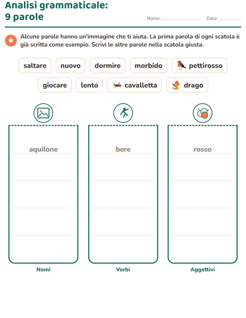 Anteprima della scheda di Nomi, verbi e aggettivi con Cose che volano per Scuola primaria classe seconda
