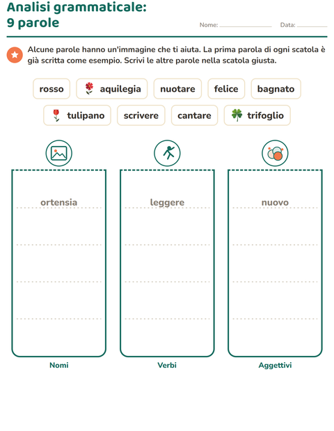 Anteprima della scheda di Nomi, verbi e aggettivi con Fiori per Scuola primaria classe seconda