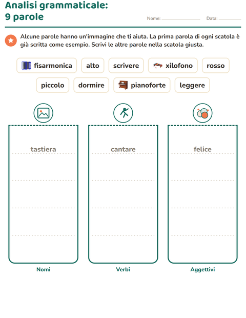 Anteprima della scheda di Nomi, verbi e aggettivi con Musica per Scuola primaria classe seconda