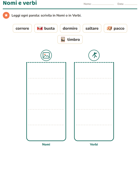 Anteprima della scheda di Nomi, verbi e aggettivi con Ufficio postale per Scuola primaria classe prima