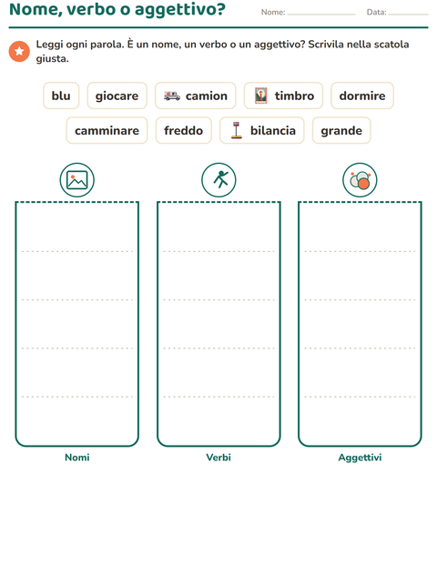 Anteprima della scheda di Nomi, verbi e aggettivi con Ufficio postale per Scuola primaria classe seconda