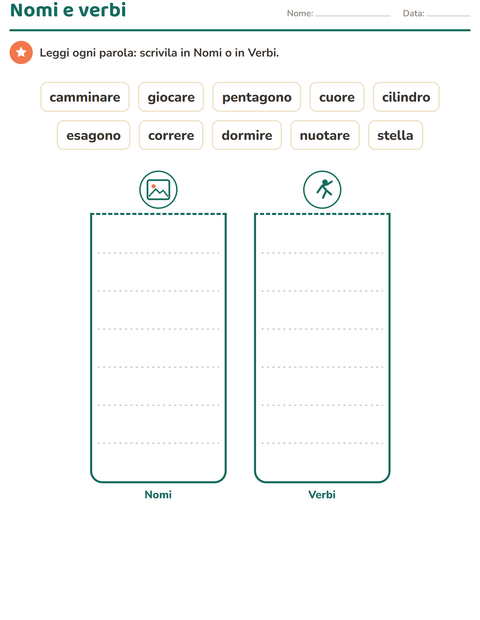 Anteprima della scheda di Nomi, verbi e aggettivi con Forme per Scuola primaria classe prima