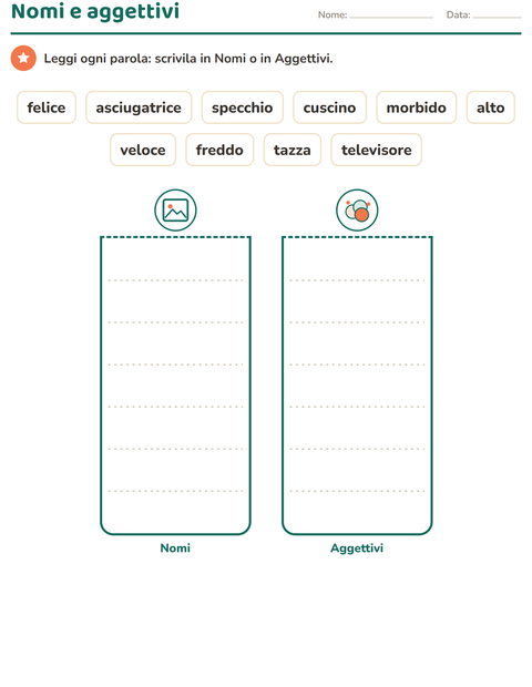 Anteprima della scheda di Nomi, verbi e aggettivi con In giro per casa per Scuola primaria classe prima