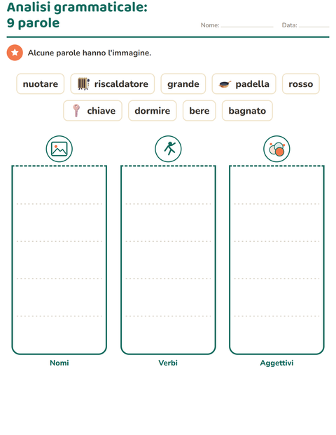 Anteprima della scheda di Nomi, verbi e aggettivi con In giro per casa per Scuola primaria classe seconda