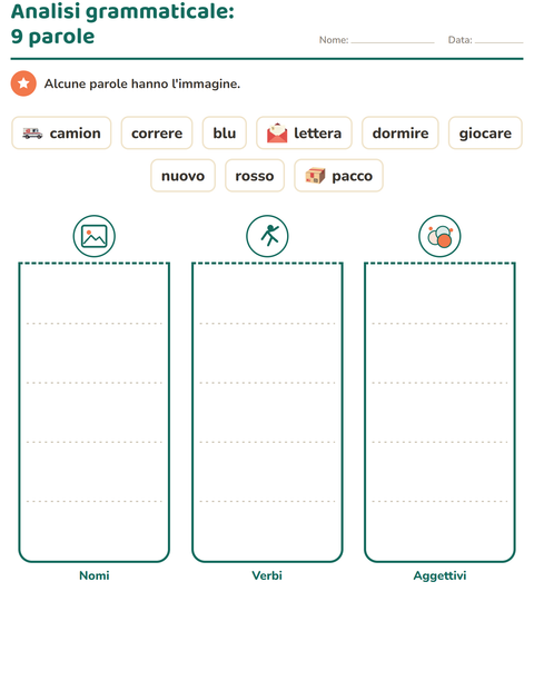 Anteprima della scheda di Nomi, verbi e aggettivi con Ufficio postale per Scuola primaria classe seconda