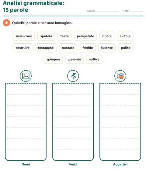 Anteprima della scheda di Nomi, verbi e aggettivi con Utensili da cucina per Scuola primaria classe seconda