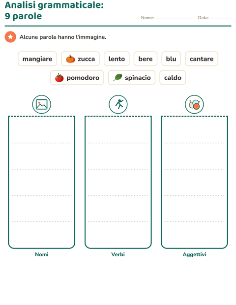 Anteprima della scheda di Nomi, verbi e aggettivi con Verdure per Scuola primaria classe seconda