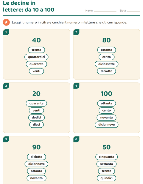 Anteprima della scheda di Numeri in lettere per Scuola primaria classe prima