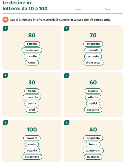Anteprima della scheda di Numeri in lettere per Scuola primaria classe prima