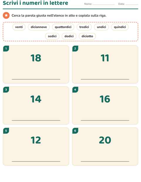 Anteprima della scheda di Numeri in lettere per Scuola primaria classe prima