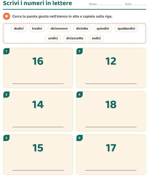 Anteprima della scheda di Numeri in lettere per Scuola primaria classe prima
