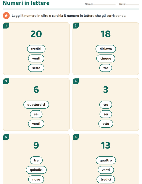 Anteprima della scheda di Numeri in lettere per Scuola primaria classe prima
