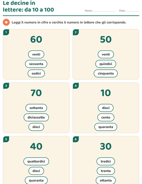 Anteprima della scheda di Numeri in lettere per Scuola primaria classe prima