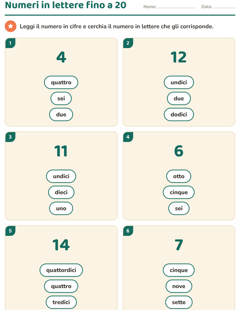 Numeri in lettere fino a 20: cerchia la parola