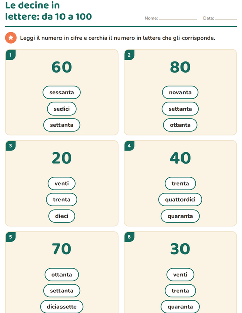 Anteprima della scheda di Numeri in lettere per Scuola primaria classe prima