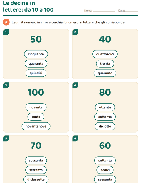 Anteprima della scheda di Numeri in lettere per Scuola primaria classe prima