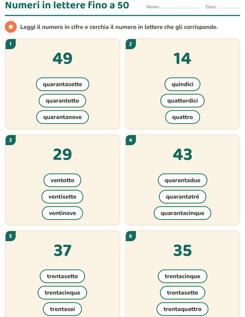 Anteprima della scheda di Numeri in lettere per Scuola primaria classe prima