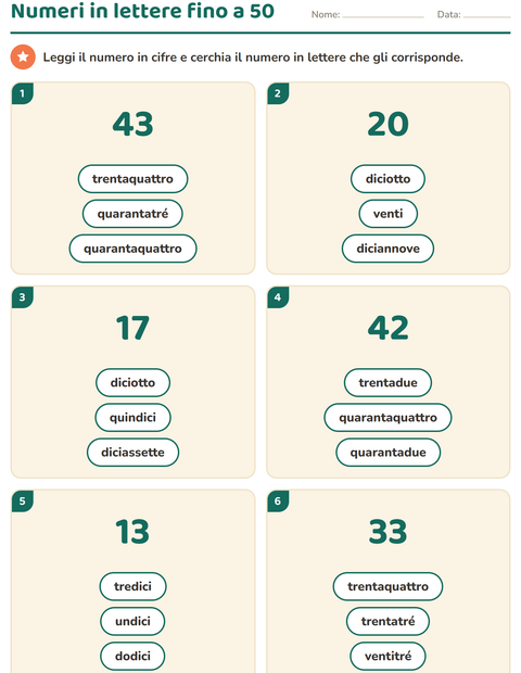 Numeri in lettere fino a 50: cerchia la parola