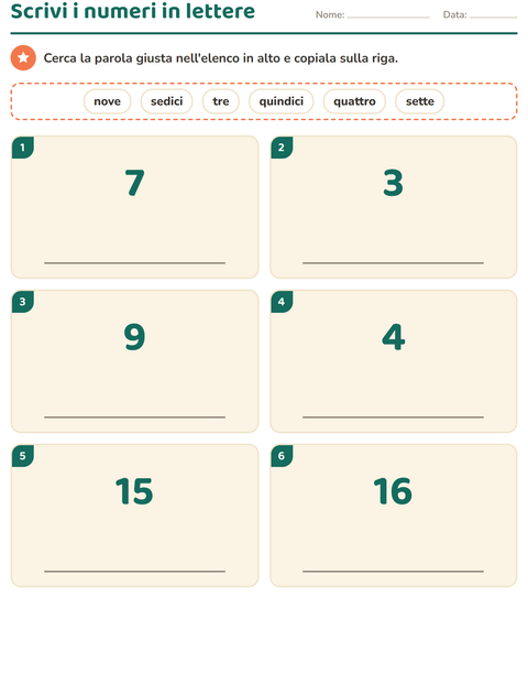 Anteprima della scheda di Numeri in lettere per Scuola primaria classe prima