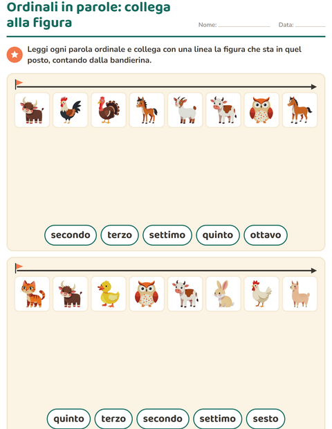 Anteprima della scheda di Numeri ordinali con Animali della fattoria per Scuola primaria classe prima