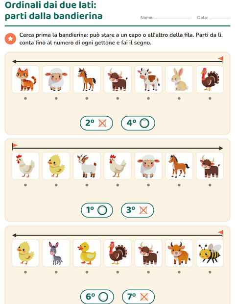 Anteprima della scheda di Numeri ordinali con Animali della fattoria per Scuola dell'infanzia (5-7 anni)