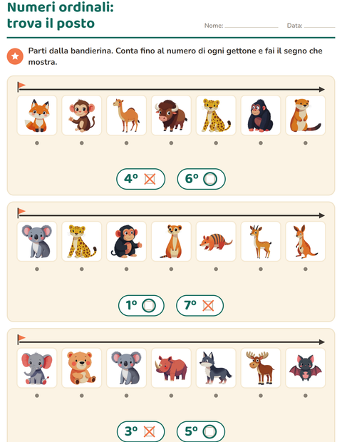 Anteprima della scheda di Numeri ordinali con Animali dello zoo per Scuola dell'infanzia (5-7 anni)