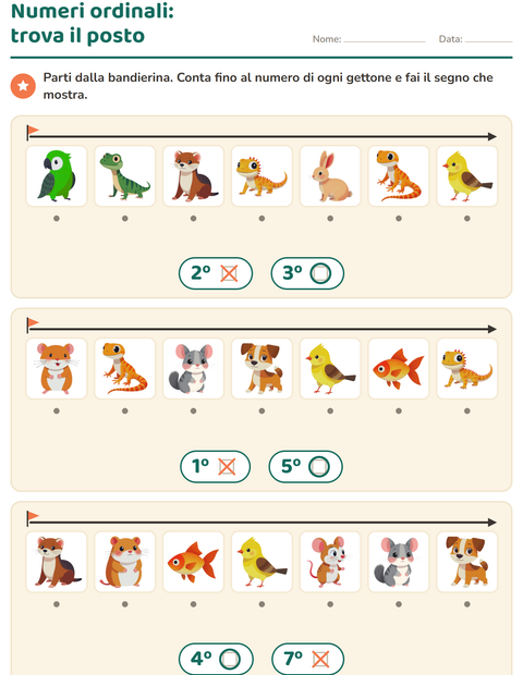 Anteprima della scheda di Numeri ordinali con Animali domestici per Scuola dell'infanzia (5-7 anni)