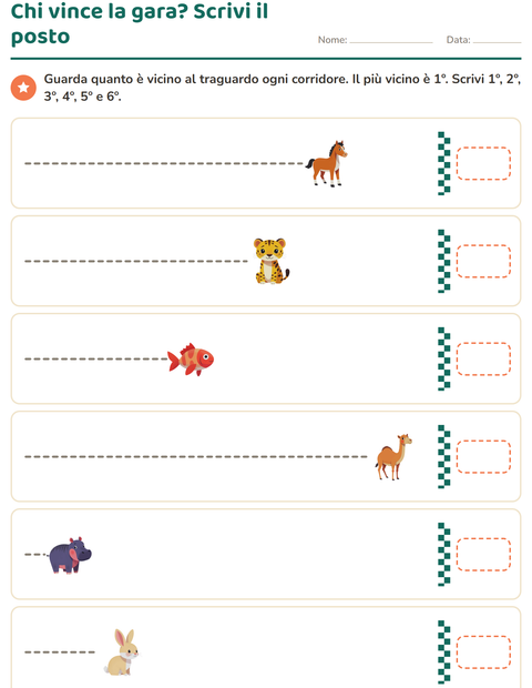 Anteprima della scheda di Numeri ordinali con Animali per Scuola primaria classe prima