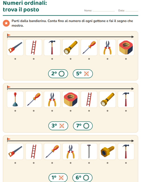 Anteprima della scheda di Numeri ordinali con Attrezzi per Scuola dell'infanzia (5-7 anni)
