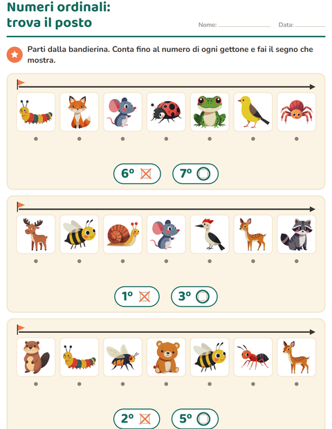 Anteprima della scheda di Numeri ordinali con Creature della foresta per Scuola dell'infanzia (5-7 anni)